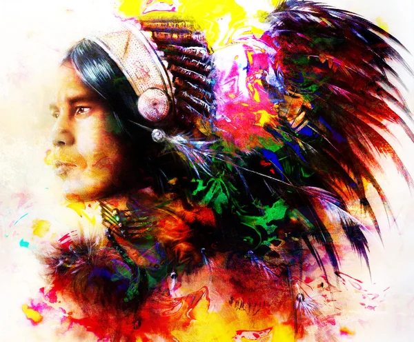Beautiful painting of a young indian warrior wearing a gorgeous feather headdress, profile portrait, abstract color background. — Stock Fotó