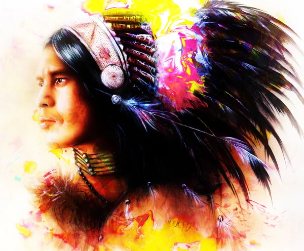 Szép festmény, egy fiatal indiai harcos visel a gyönyörű tollas fejdísszel, profil portré. számítógépes kollázs. — Stock Fotó