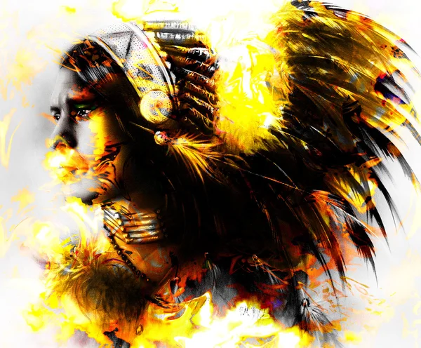 Beautiful painting of a young indian warrior wearing a gorgeous feather headdress, profile portrait. computer collage. — Stock Photo, Image