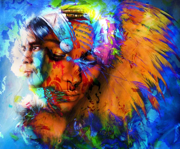 Beautiful collage painting of an Indian man and young woman with feather headdress, and abstract color background — 스톡 사진