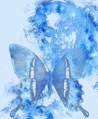 Beautiful Goddness women and color butterfly, mixed media, abstract color background.