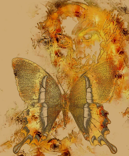 Beautiful Goddness women and color butterfly, mixed media, abstract color background, Golden effect. — Stockfoto