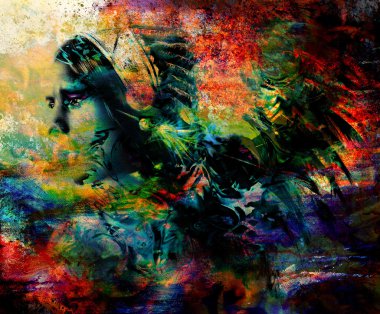 güzel resim giyen bir muhteşem tüy headdress, profil portre genç bir Hint savaşçı.