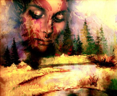 Goddess woman, with ornamental face and landscape with mountains lake and trees, and color abstract background. meditative closed eyes.