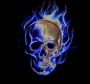 Skull. glass and fractal effect. Black  background, computer collage.