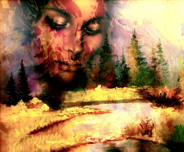 Goddess woman, with ornamental face and landscape with mountains lake and trees, and color abstract background. meditative closed eyes. — Stok fotoğraf