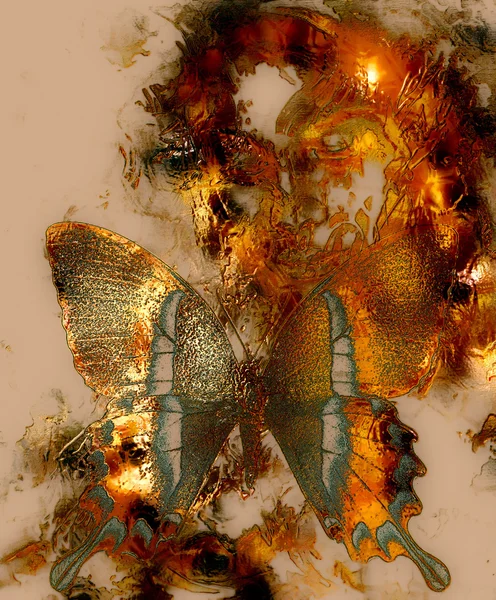 Beautiful Goddness women and color butterfly, mixed media, abstract color background, Golden effect. — Zdjęcie stockowe