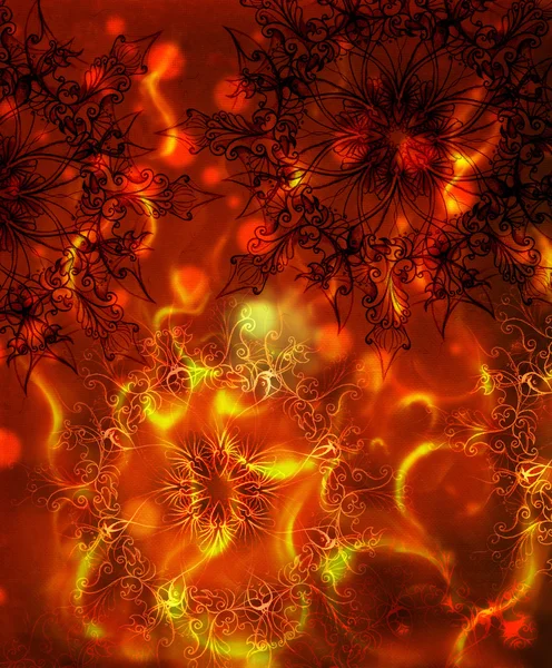 Mandala ornamental oriental e fundo abstrato cor com manchas, estrutura de fogo. Conceito da Terra — Fotografia de Stock