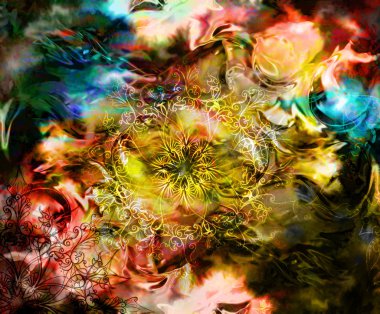 oriental ornamental mandala and color abstract background with spots. Black, yellow, blue pink color