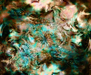 oriental ornamental mandala and color abstract background with spots. Black, blue, color