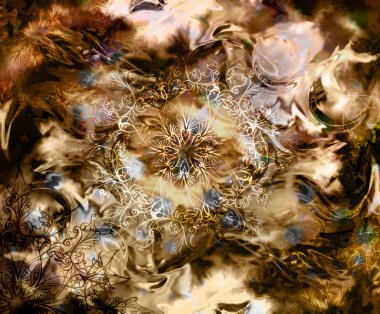 oriental ornamental mandala and color abstract background with spots, brown, black and white color