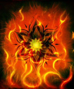 oriental ornamental mandala and color abstract background with fire flame, Red, orange, black color
