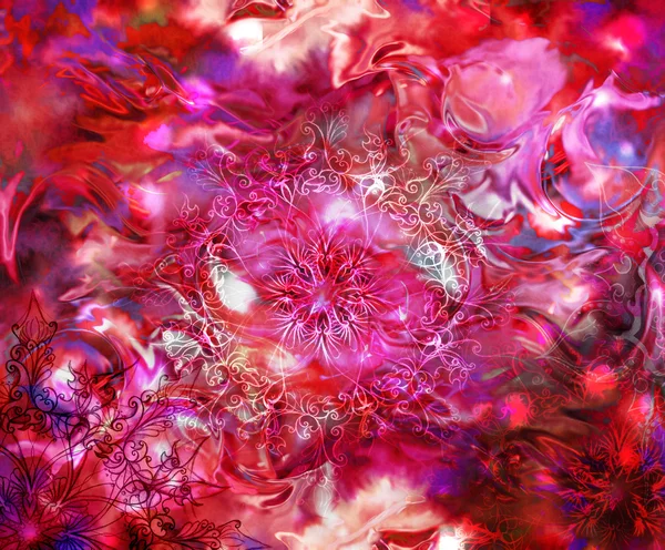 Oriental ornamental mandala and color abstract background with spots, pink, red, white color — Stock fotografie