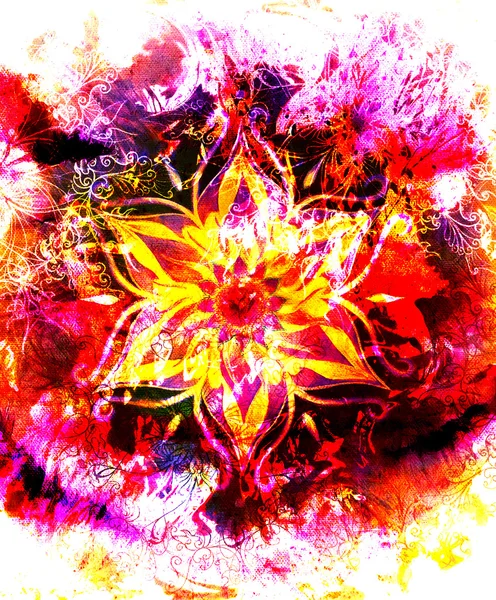 Mandala ornamental, fundo abstrato cor com chama de fogo, estrutura LAVA. rosa, amarelo, cor vermelha . — Fotografia de Stock
