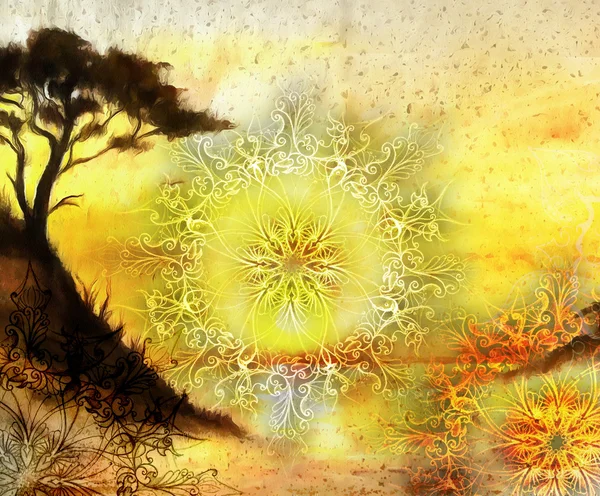 Painting tree, wallpaper landscape and ornamental mandala. Oriental background collage. orange, yellow and black color — Φωτογραφία Αρχείου