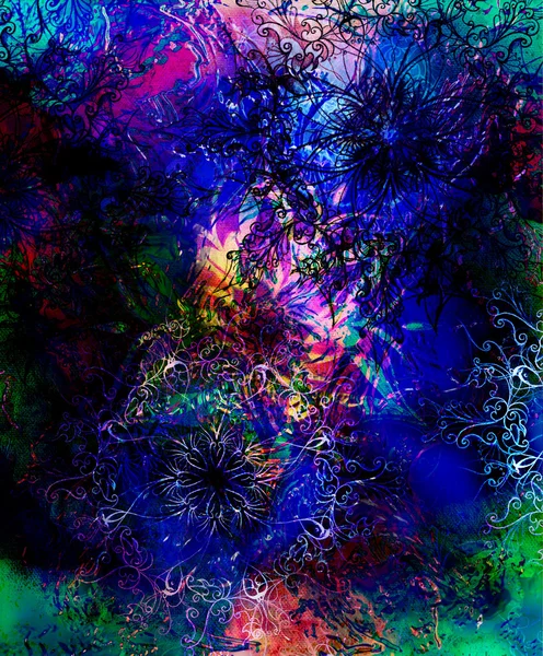 Mandala ornamental oriental y fondo abstracto de color con llama de fuego, estructura LAVA. Concepto Tierra, azul, negro, amarillo, verde y violeta . — Foto de Stock