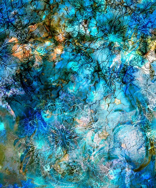 Mandala ornamental oriental y fondo abstracto de color con manchas. Y agua con efecto vidrio. azul, negro y blanco . —  Fotos de Stock