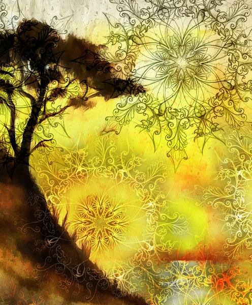 Painting tree, wallpaper landscape and ornamental mandala. Oriental background collage. orange, yellow and black color — ストック写真