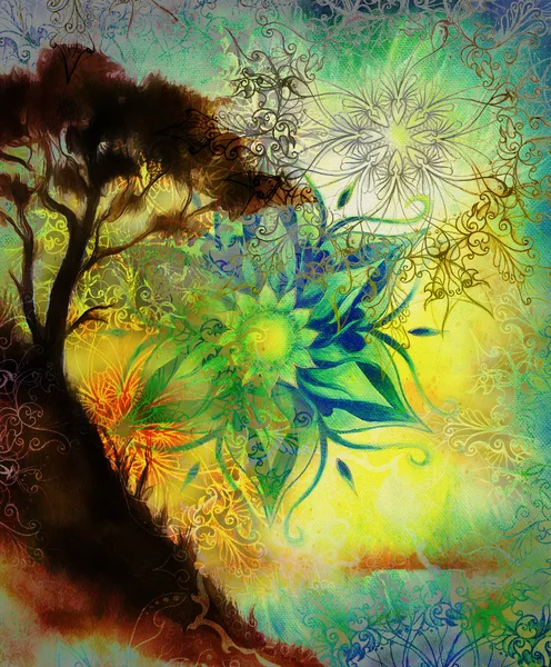 Painting sunset, and trees, wallpaper landscape and ornamental mandala. Oriental background collage, green, yellow, black color. — Stok fotoğraf