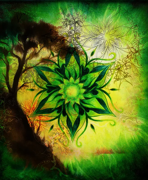 Painting sunset, and trees, wallpaper landscape and ornamental mandala. Oriental background collage, green, yellow, black color. — Zdjęcie stockowe