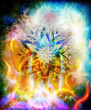 oriental ornamental mandala and color abstract background with spots. pink, yellow, red blue,white and green color