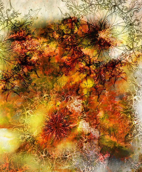Mandala ornamental oriental y fondo abstracto de color con llama de fuego, desierto y estructura LAVA. Concepto Tierra. color marrón y blanco — Foto de Stock