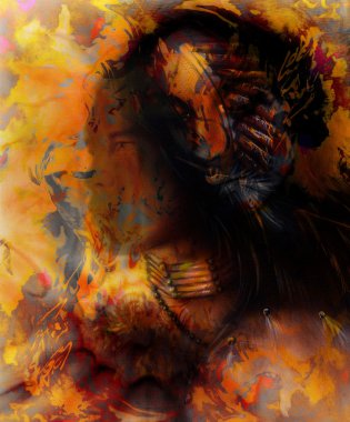 young indian warrior and woman face,  abstract color background, orange, yellow and black color