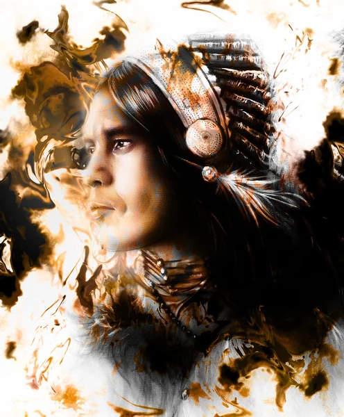 Beautiful painting of a young indian warrior wearing a gorgeous feather headdress, profile portrait, r abstract color background, White, black and brown color — Stock Photo, Image