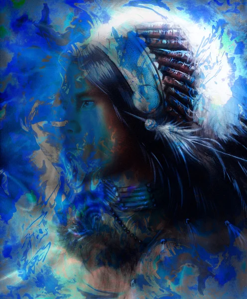 Beautiful painting of a young indian warrior wearing a gorgeous feather headdress, profile portrait, r abstract color background, blue, black and white color — Stockfoto