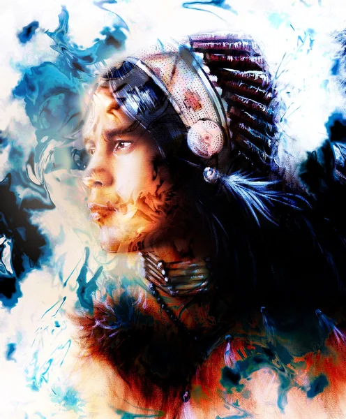Beautiful painting of a young indian warrior wearing a gorgeous feather headdress, profile portrait, abstract color background. — Stock fotografie
