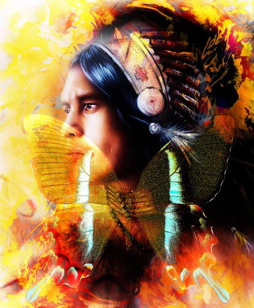 Beautiful painting of a young indian warrior wearing a gorgeous feather headdress and butterfly, profile portrait. abstract color background. Transformation concept. — Stok fotoğraf