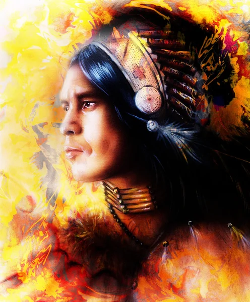 Beautiful painting of a young indian warrior wearing a gorgeous feather headdress, profile portrait, r abstract color background, orange, yellow and black color — Stock Photo, Image