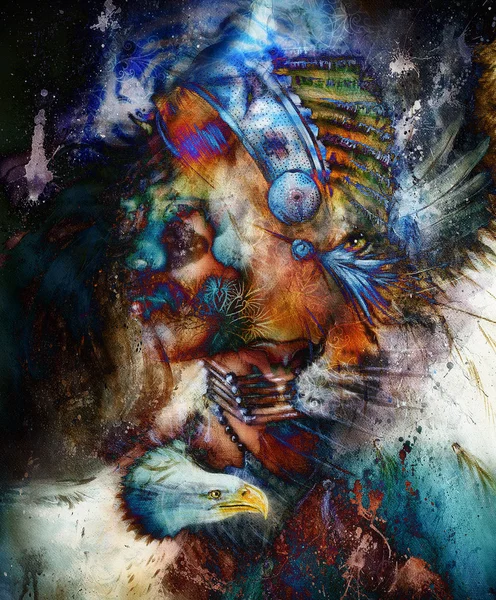 Painting young indian warrior wearing a gorgeous feather headdress, and eagle with tiger. profile portrait, abstract color background. — Stock Fotó