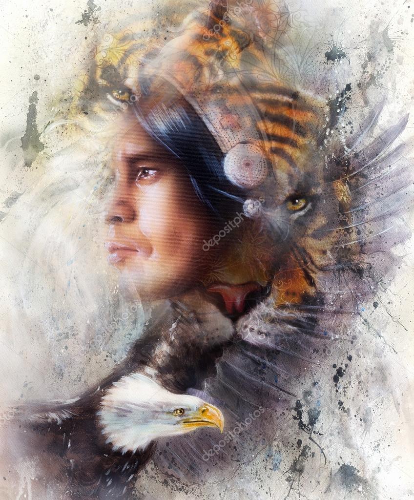 tiger with eagle and indian warrior and headdress illustration. wildlife animals on painting background, Eye contact, White, black and brown color
