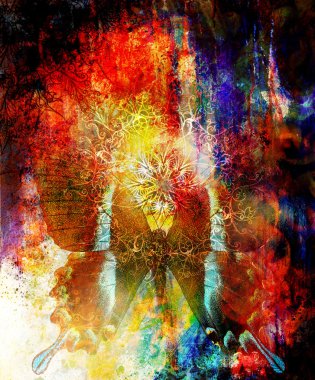 Butterfly and oriental ornamental mandala and color abstract background with spots. computer collage, orange, yellow and black color