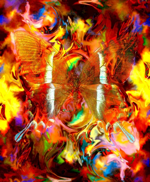 Illustration of a butterfly, mixed medium, abstract color background and color fire effect, red, orange, yellow color. — 图库照片