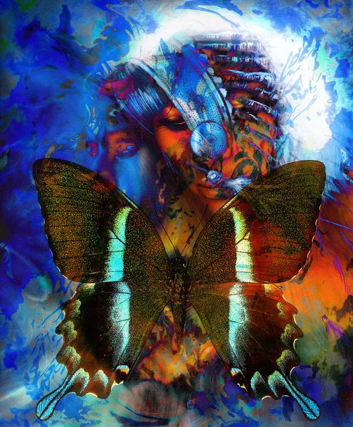 Beautiful painting of a young indian warrior wearing a gorgeous feather headdress and butterfly, profile portrait. abstract color background. Transformation concept, blue, black and white color. — Φωτογραφία Αρχείου