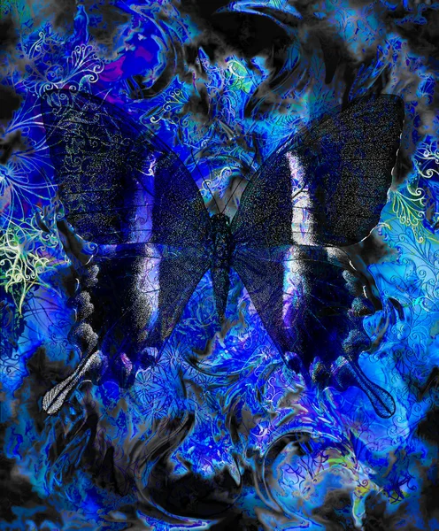 Butterfly and oriental ornamental mandala and color abstract background with spots. computer collage, blue, black and white color. — 图库照片