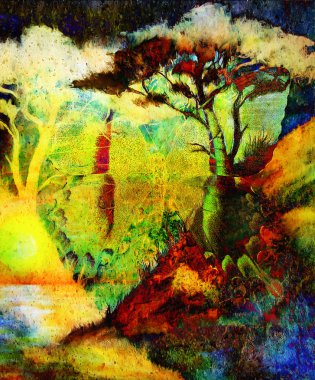 Painting butterfly and tree, wallpaper landscape, color collage. and abstract grunge background with spots. Blue, black, yellow, green and violet color