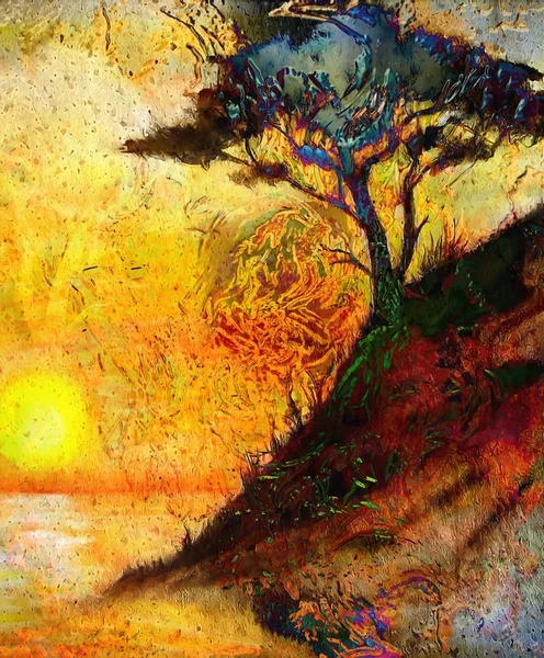 Painting sunset, sea and tree, wallpaper landscape, color collage. and abstract grunge background with spots, computer collage. Orange, yellow and black color.