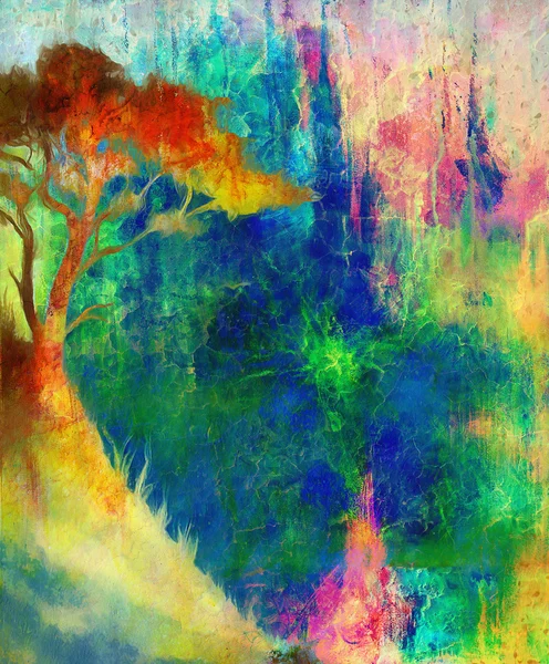 Pintura puesta de sol, y árbol, paisaje de papel pintado, collage de color. y fondo grunge abstracto con manchas . — Foto de Stock