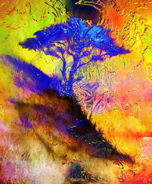 Peinture coucher de soleil, mer et arbre, paysage de papier peint, collage  de couleur. et fond grunge abstrait avec des taches. Bleu, noir, jaune,  vert . — Photographie JozefKlopacka © #92587192