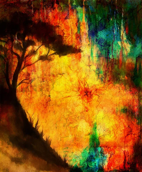 Pintura puesta de sol, y árbol, paisaje de papel pintado, collage de color. y fondo grunge abstracto con manchas. Rojo, naranja, amarillo . —  Fotos de Stock