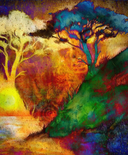 Pintura puesta del sol, mar y árbol, paisaje de papel pintado, collage de color. y fondo grunge abstracto con manchas. Rojo, verde, amarillo, negro . — Foto de Stock