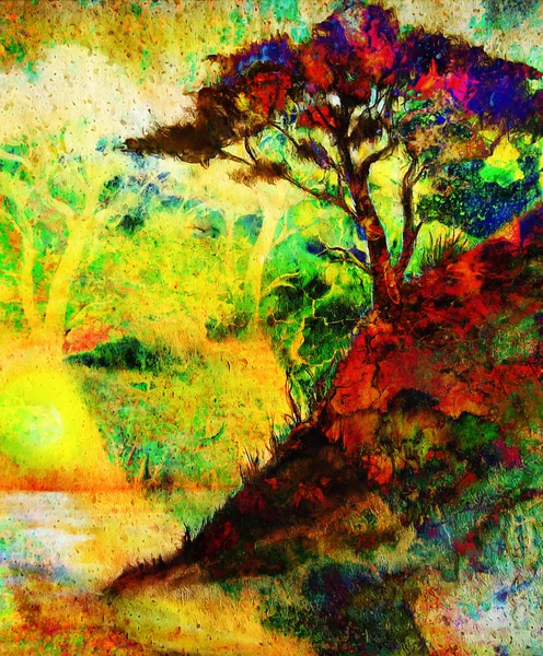 Peinture coucher de soleil, mer et arbre, paysage de papier peint, collage de couleur. et fond grunge abstrait avec des taches, collage informatique. Rouge, vert, jaune, noir . — Photo