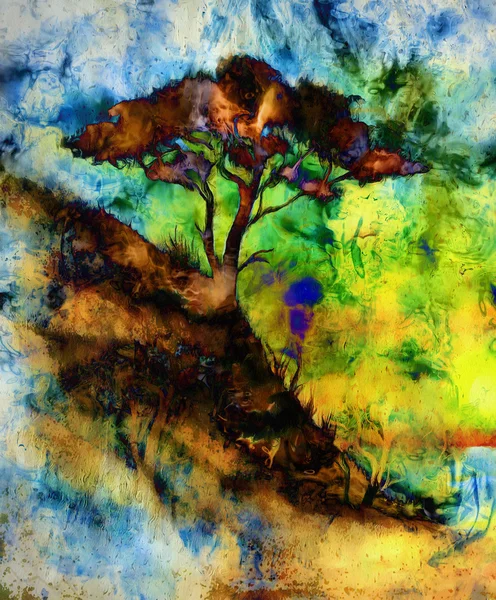 Malerei Sonnenuntergang, Meer und Baum, Tapetenlandschaft, Farbcollage. und abstrakter Grunge-Hintergrund mit Flecken. — Stockfoto