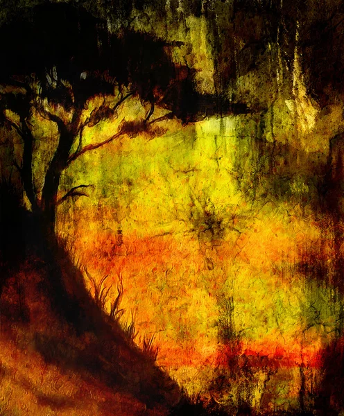 Живопис захід сонця, і дерево, пейзаж шпалер, колаж кольорів. і абстрактний гранжевий фон з плямами. Червоний, помаранчевий, жовтий колір . — стокове фото