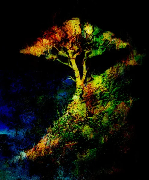 Painting tree in night landscape by sea, wallpaper color collage. and abstract grunge background with spots, computer collage. Red, green, yellow, black color. — Stockfoto