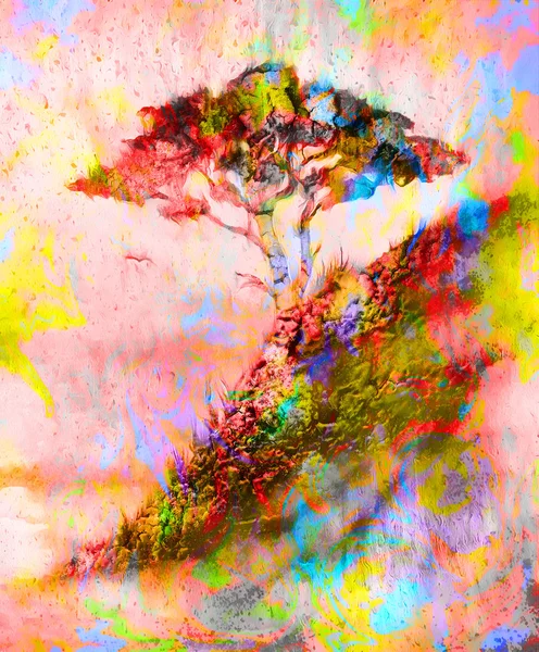 Pintura puesta del sol, mar y árbol, paisaje de papel pintado, collage de color. y fondo grunge abstracto con manchas, collage de ordenador . —  Fotos de Stock