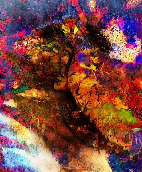 Painting tree, wallpaper landscape, color collage. and abstract grunge background with spots, computer collage. Blue, black, yellow, green and violet color. — Zdjęcie stockowe